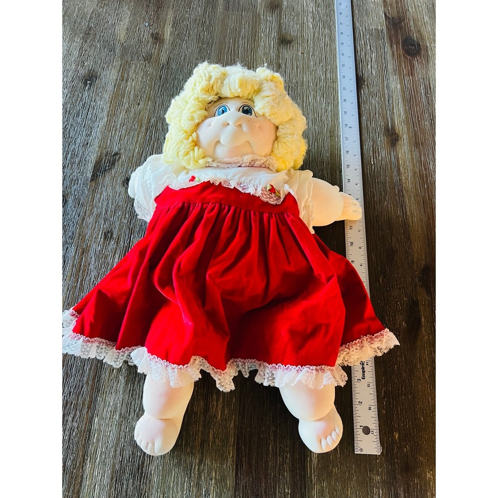 Vintage Handmade Soft Sculpture Cabbage Patch Style Doll Red Velvet Dress 20"